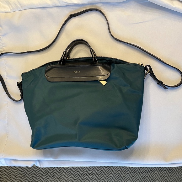 Furla dark green nylon & black leather tote satchel, cross-body, two-way. - Picture 1 of 16